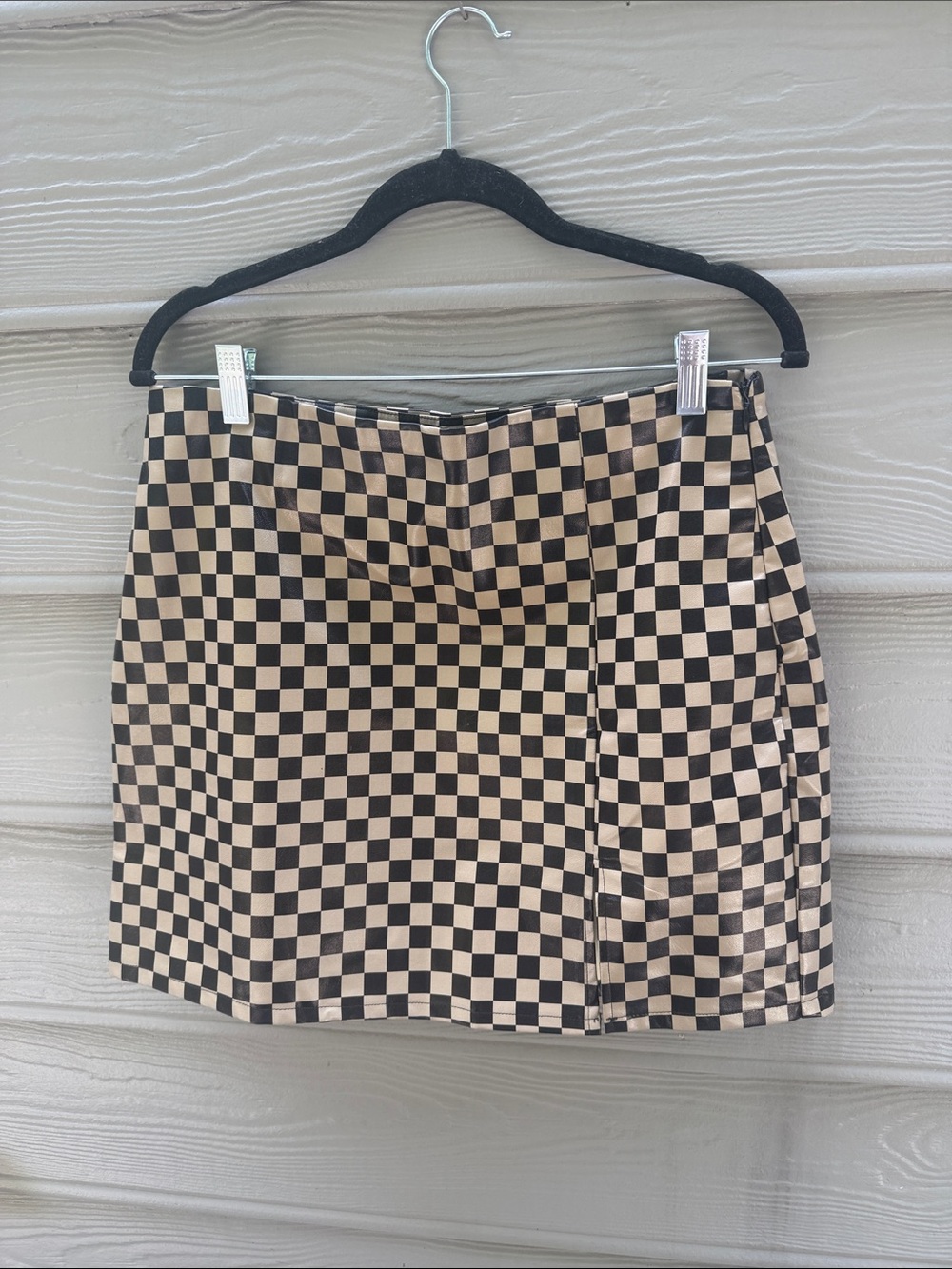 Vestique Checkerboard Vegan Leather Mini Skirt in Black and Tan. Sz Large NWT
